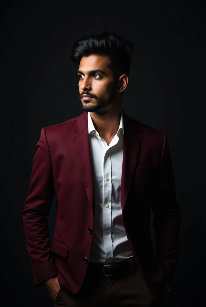 in a dark studio, young man site heroically, dressed in a maroon blazer and white shirt. cinematic lighting cats a light shadow on his face, giving a professional corporate look. similar to a LinkedIn business profile photo. formal corporate profile pictur...