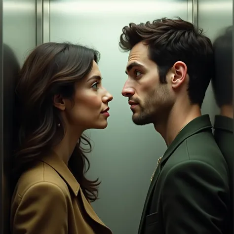 A brown woman with brown eyes, white complexion and a black-haired man with green eyes, white complexion in an elevator..  They are both white Europeans. one in front of the other, looking at each other,  with one meter apart, each one leaning on a wall. P...