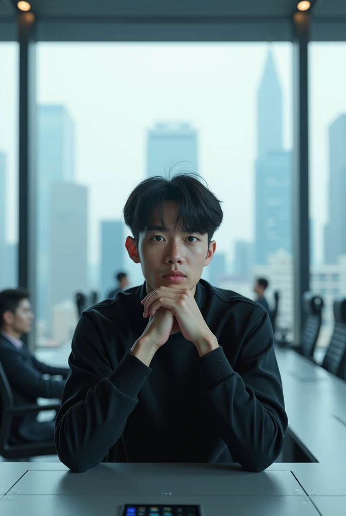  a Chinese male college student，His hairstyle is black bangs ， He is sitting in a high-tech conference room looking out the window，His hands are crossed in the chin position ，Confident lol 