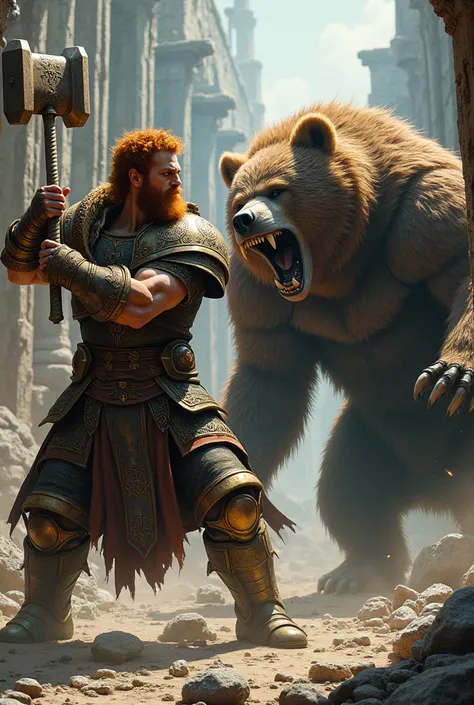 A ginger man with a beard in bronze armor wielding a huge hammer and is swinging his hammer at a bear monster that is attacking him in a old city.