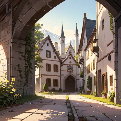 anime background, realism, anime wallpaper, anime, anime style, praise, praise style,  medieval street , Mountains, uphill ,   medieval architecture  ,  medieval tavern by the house,  big retro medieval signboards ,trees, plants, rocks, plant pots,  mediev...