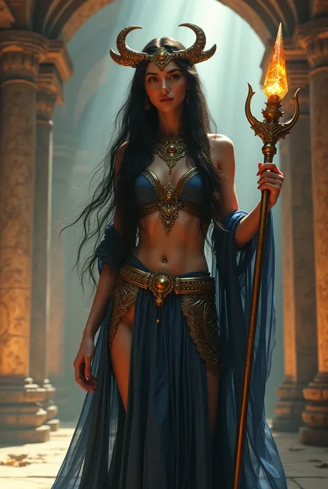 detailed portrait of a beautiful female priestess of pharasma, long flowing dark hair, intricate headdress, elegant robes, holding a staff with a glowing crystal, standing in an ancient temple interior with grand architecture, dramatic lighting, glowing ma...