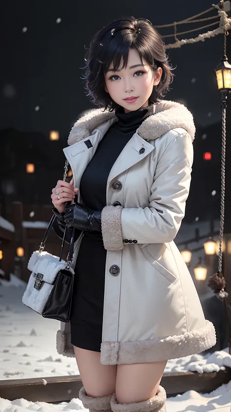 Fluffy scarf、 medium short hair、Expression of white breath 、 Photo from waist up  、 lift up to night city lights 、 cowgirl shot、Fur coat、luxurious gray mink fur coat、 leather boots that are easy to wear 、Luxury Bags、 collared turtlenecks 、 silver necklace ...