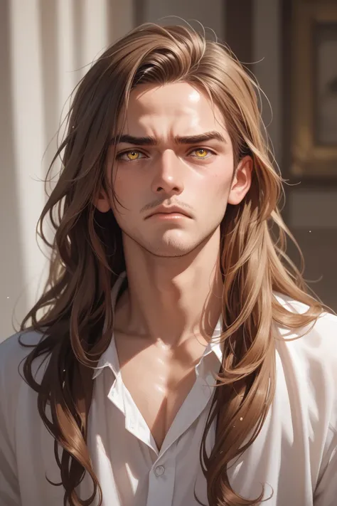 brown long hair, yellow eyes, beautiful male,cartoon,a semi realistic illustration,sadness,anger