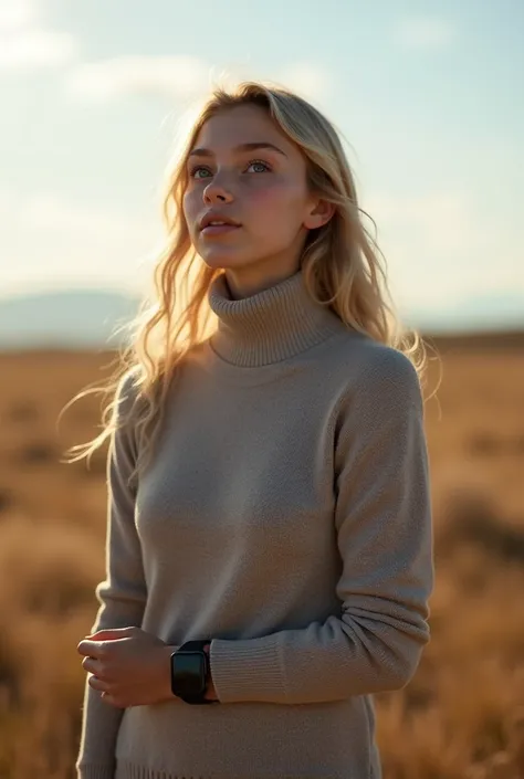 Girl, blond,  large outdoor smartwatch,  wristwatch is black ,  turtleneck sweater 