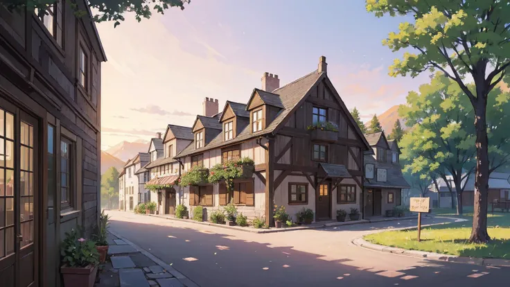 anime background, realism, anime wallpaper, anime, anime style, praise, praise style,  medieval street , Mountains, uphill ,   medieval architecture  ,  medieval tavern by the house,  big retro medieval signboards ,trees, plants, rocks, plant pots,  mediev...