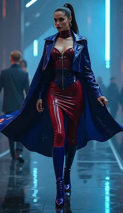 angelina jolie, en action de danser, latex, brillant, futuriste, chemise t-shirt latex marron rouge foncé, col roulé latex marron rouge foncé, t-shirt zippé latex marron rouge foncé, cape latex bleu marine, anneaux métaliques coup, corset latex bleu marine...