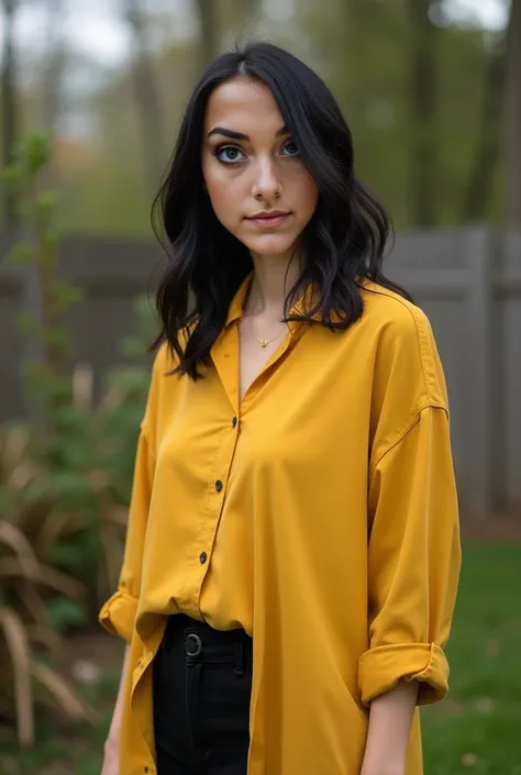 
Real human photo, Fika is a 30 years old woman with medium body, shoulder length  wavy  black hair and fair skin. She has well-defined eyebrows, large black eyes, and a neutral expression on her face. She is wearing a yellow  home dress, black pant, stand...