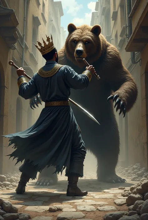 A black man wearing a crown and wielding two daggers is back stabbing a bear monster in a old city.