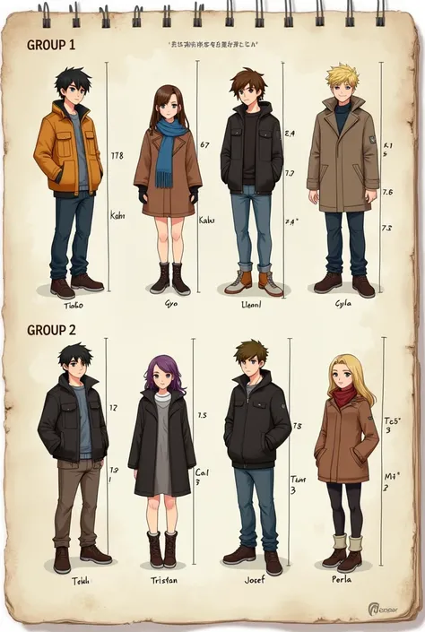 On a slightly yellowed torn notebook sheet you can see 9 realistic full-body characters wearing winter clothes , ,are divided into 2 groups  , one is 4 and the other is 5.
At the top of the sheet it says group 1 and is made up of:
Chris- 17 años y  measure...