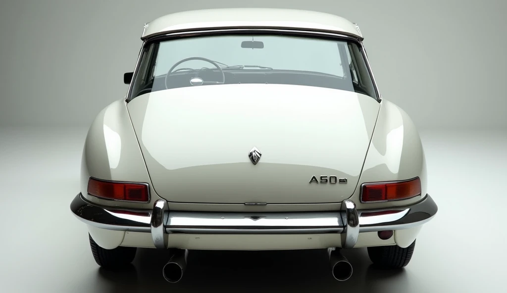 "Straight back view of a vintage luxury sedan in a well-lit showroom, inspired by the classic Citroën DS21 design. The car features retro-style tail lights, a polished white finish, and chrome accents that highlight its old-school charm. The smooth, curvac...