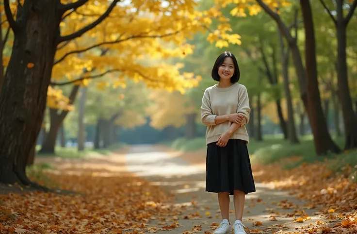 A beautiful short Korean woman in her 50s 、Short medium-length hair、 Top Quality 、Very detailed、 High quality detail 、8ｋ、autumn forest、 Beautiful Korean woman in her 50s .Short medium-length hair. clear sky. Autumn leaves are falling around her . Im shooti...