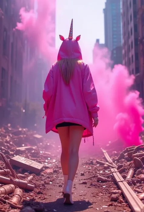 ((masterpiece)) ((photography)) ((Highest quality)) Close-up, low angle from the ground shot of a young woman in a pink coat and short skirt, her haid is covered with a hoodie with a unicorn horn on it, running through a destroyed cityscape. The camera cap...