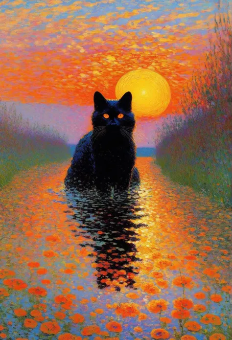 ( Claude Monet &#39;s Works:1.3),Sunset Background, orange sun ,The black cat１Animals,Cats face the front in a big way