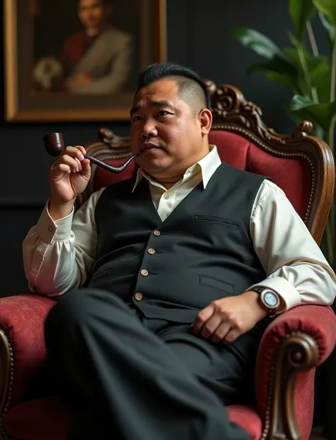 Highly detailed of an elegant an Indonesian man with a clean and clear face, round face, very short hair, fat body. sitting on a luxurious chair, crossed legs, smoking a pipe in his hand, looking forward. photo hyper realistic, hyper detil, ultra HD, 32k, ...