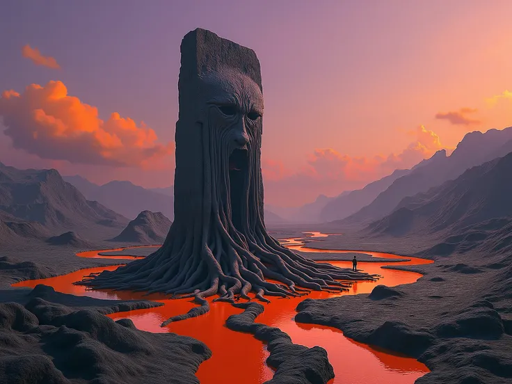 Aerial view of a surreal valley, dominated by vivid orange stripes flowing over dark gray textures. At the center, a towering monolith stands with intricate carvings, depicting a haunting face, its long hair like tree roots sprawling across the valley. The...