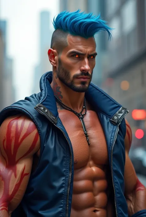 Handsome man, muscular bodybuilder, tan skin, red tattoos, orange eyes, pointy ears, blue stylish hairstyle, have glistening body, wearing advanced blue and black warrrior clothes,superpowers, in modern city