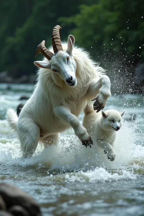 Big goat kick the wolf in deep water and run away from the river with her one white small  memna in white colour goat is also white in colour image ratio is 16:9