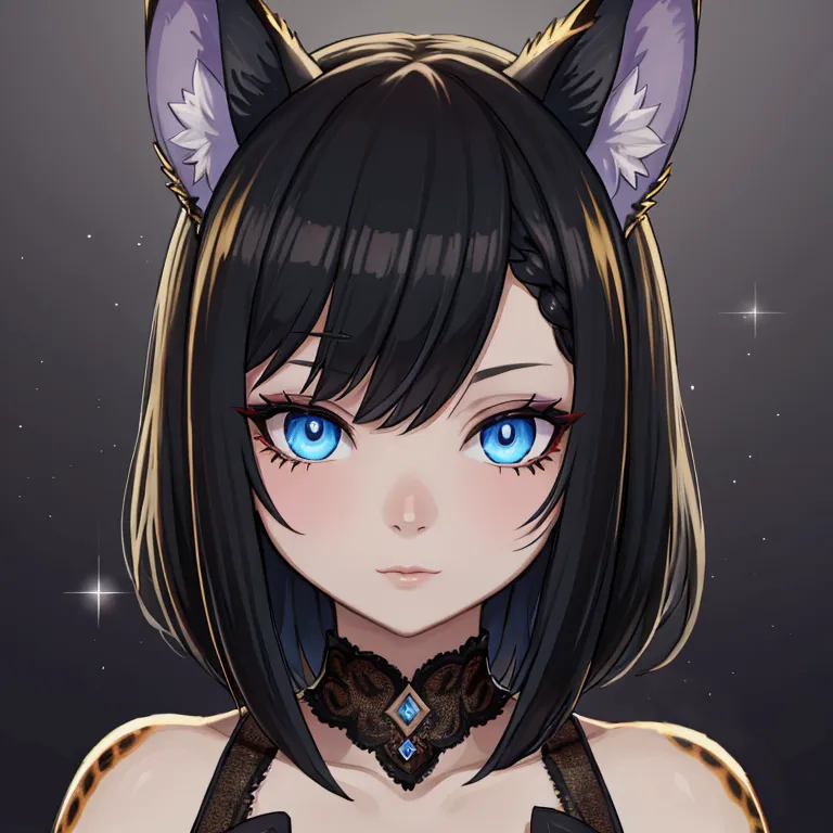 ((face close-up:1.4)), shimmering with intricate patterns, soft pastel skin tone, professional photography, (blue eyes), leopard girl, [golden skin], snipped haircut, (black hair), (black leopard ears), head slightly to viewer,
BREAK,
Dark, moody makeup, [...