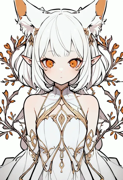 a very cute girl, a drawn character, a lot of details in clothes, a new character, stycutie, bare shoulders, chest, neckline,cute character, white background,delicate art, delicate orange eye color,albino, short white hair,white eyelashes. Lop-eared ears, ...