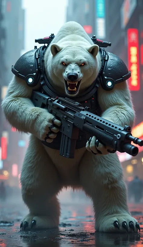  Fat Polar Bear Warrior from the Cyberpunk Future, Angry Face with Machine Gun 