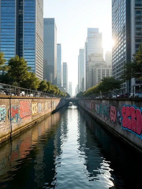 
(Urban | Realistic | Graffiti | Water Reflection)
A bustling modern cityscape featuring sleek glass skyscrapers that dominate the skyline, their sharp angles reflecting the late afternoon sun. In the foreground, a gritty, graffiti-covered concrete floodwa...