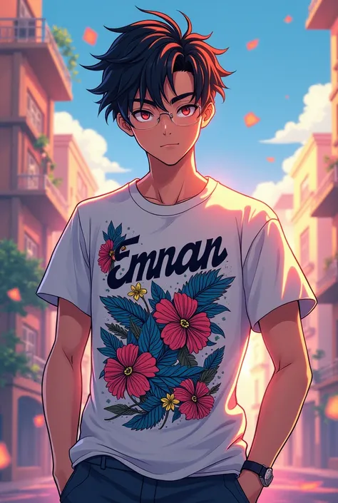 Make a smart attitude boy like anime with t shirt beautiful baground write up t shirt EMRAN
