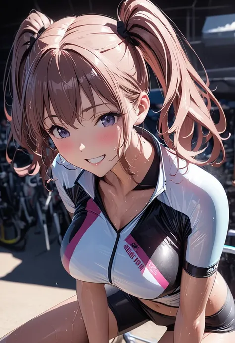  best quality、 Ultra Precise 、Detailed drawing、 vibrant colors、alone、Beautiful girl 、Age 30、the way、Solar、bikini、Cycling Wear、Ride a sports cycle、Bike Racing、 back shot of one、 sneakers、Skin gloss、Beautiful big boobs、Beautiful figure、 twin tails、 get wet a...