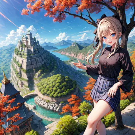 Chestnut Hair、 blue eyes、 with hair tied 、Two cute、 plaid mini skirt、 BLACK T-SHIRT、 Long Sleeve 、kimono、striped high socks、Teeth are visible、lawn、The stone is cracked、Uneven ground、The road is curved、View from above、Large autumn tree、Mountain々、 fence、isol...