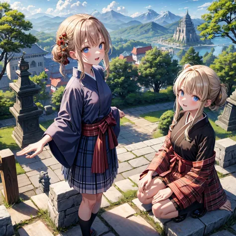 Chestnut Hair、 blue eyes、 with hair tied 、Two cute、 plaid mini skirt、 BLACK T-SHIRT、 Long Sleeve 、kimono、striped high socks、Teeth are visible、lawn、The stone is cracked、Uneven ground、The road is curved、View from above、Large autumn tree、Mountain々、 fence、isol...