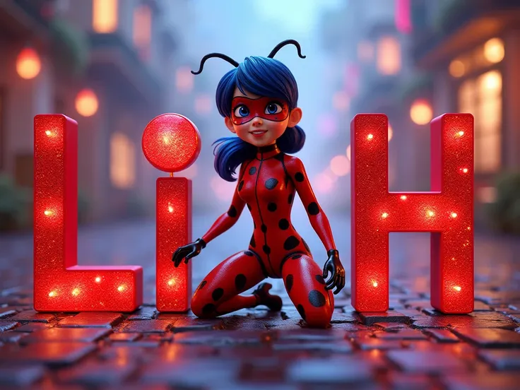 Create a poster with letter-by-letter writing "LIAH " en français et en Majuscules. Les lettre doivent être bien visible. Dans un style Disney 4d. THÈME miraculous, ladybug ultra réaliste et détaillé 