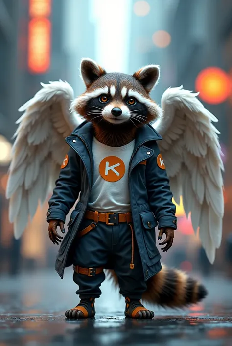 A humanoid raccoon with angel wings and an outfit from the cryptocurrency broker Kucoin 