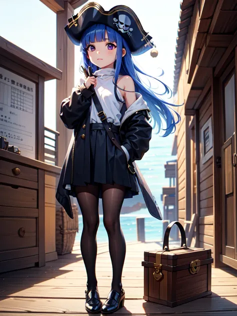 (Eye patch), One Girl, alone, (Furude Rika), Blue Hair, Purple eyes, Long Hair, blunt bangs, bangs, AnimeChibi, Holding a treasure map、Female pirate planning strategy in the cabin of the ship。The eye patch and leather outfit are distinctive.、A treasure che...