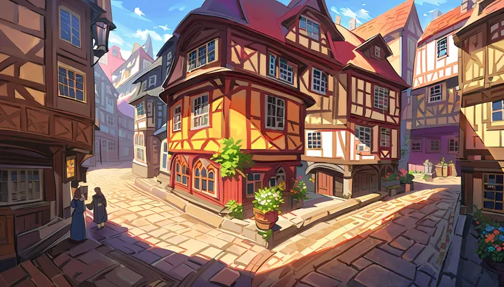 Middle Ages,  The picturesque town square in the center ， Surrounded by colorful buildings and cobblestone streets 。 half-timbered houses ,  The surrounding buildings reflect the charm of the European countryside ， Warm sunshine envelops the square ，Cast s...