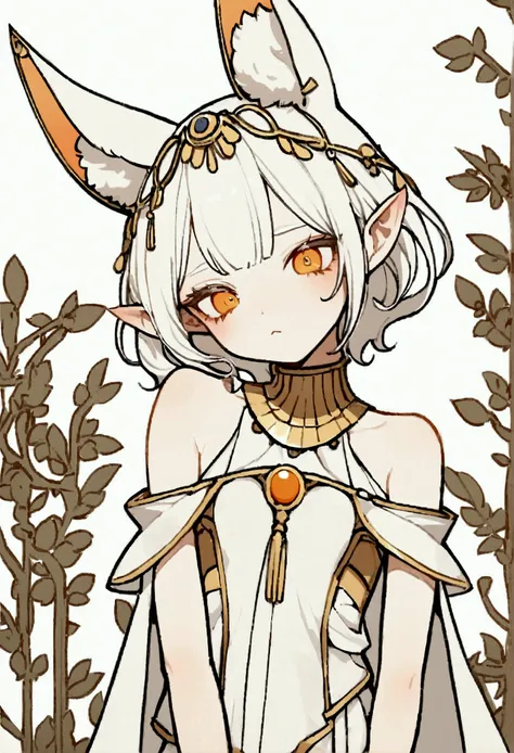 a very cute girl, a drawn character, a lot of details in clothes, a new character, stycutie, bare shoulders, chest, neckline,cute character, white background,delicate art, delicate orange eye color,albino, short white hair,white eyelashes. Lop-eared ears, ...