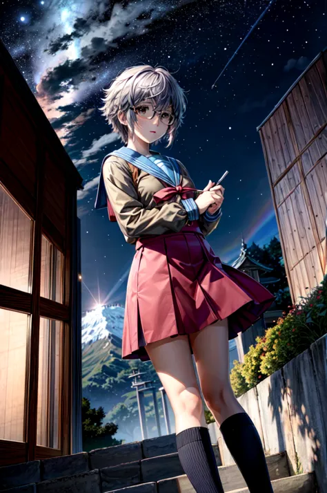 (masterpiece),(best quality),  yuki, blue skirt, glasses, kneehighs, serafuku, summer uniform, stairs, temple, mountain, forest,...