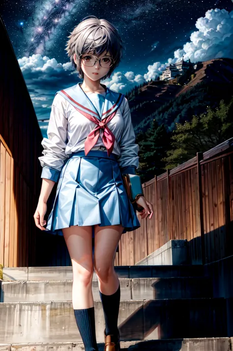 (masterpiece),(best quality),  yuki, blue skirt, glasses, kneehighs, serafuku, summer uniform, stairs, temple, mountain, forest,...