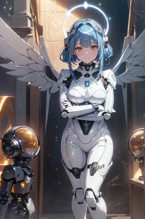 (symmetrical:1.5),（overhead shot:1.6）、 (Metal、mechanical halo、plugsuit、mechanical wings、robot suit:1.5)、 ( chibi:1.3)、 (small:1.5)、(floating:1.8),(anime style:1.7)、(crossed arms:1.5)、 absurd,  super detailedな,(In 8K:1.3),Masseter muscle area,(masterpiece:1...