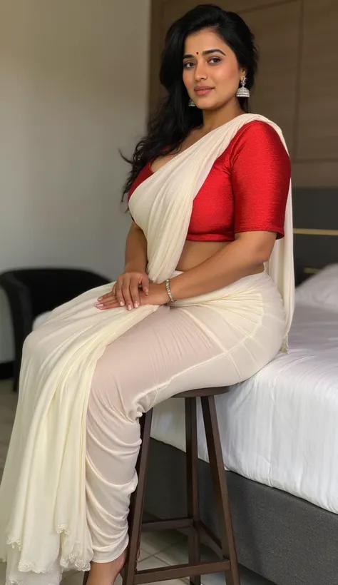 50 year old indian married women looking at the viewer, wearing shiny glossy and reflective finish polyester plus size transparent white silk long sari and red silk sleeveless blouse , big Fat ass,wide hips,Big thighs, scooped Big breast, Voluptuous Body,f...