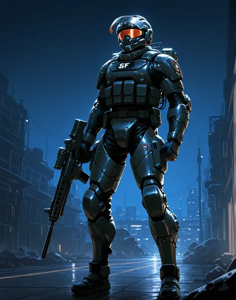 Male, solo,  power suit, metal plates, mask, visor, full height, standing, exoskeleton, night, Body Armor, gun, Helmet, male, special forces, cyber punk, SF,