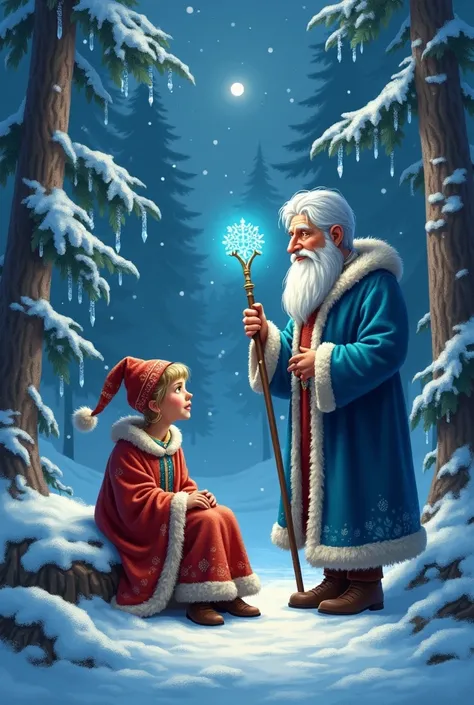 in the winter forest,  covered in deep snow , , the main character is sitting — a young girl in vintage Russian clothes.  She is wrapped in a bright shawl and a warm fur coat , decorated with fur .  There are tall pines and Christmas trees around her , cov...