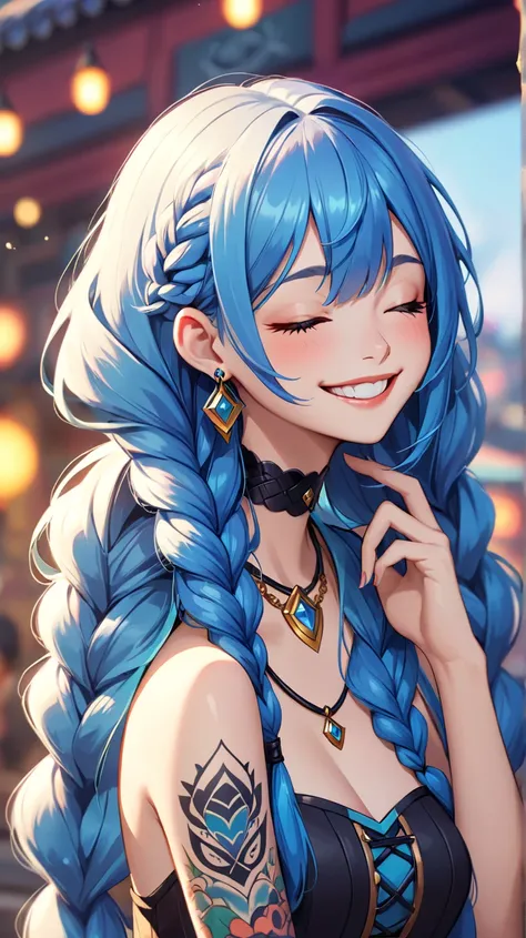 masterpiece, best quality, amazing quality, very aesthetic, absurdres,  newest, scenery,1girl, jewelry, jinx_(league_of_legends), solo, teeth, blue_hair, closed_eyes, braid, necklace, long_hair, smile, twin_braids, earrings, bare_shoulders, bangs, tattoo, ...