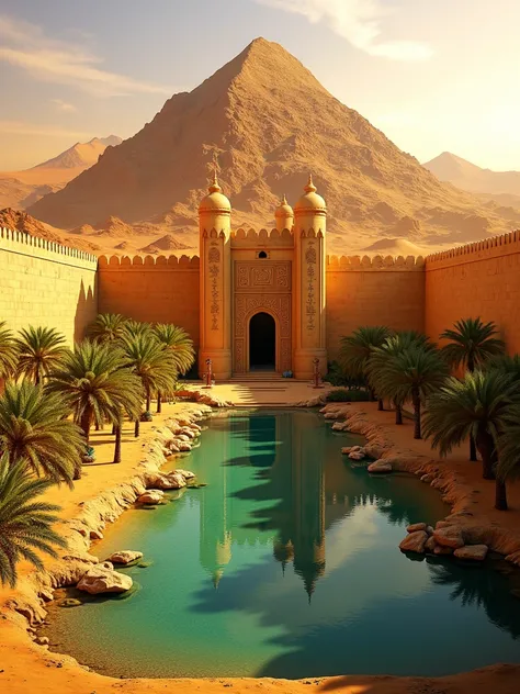 
(Desert | Realistic | Oasis | Reflection)
A majestic fortress city constructed from golden sandstone, its tall, impenetrable walls adorned with intricate carvings and symbols of an ancient civilization. The city rises against a backdrop of endless dunes, ...