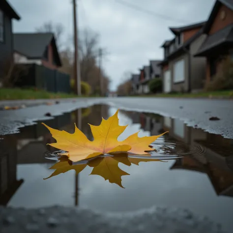  Late autumn in the city ,grey and sad , yellow leaves are carried by the wind ,. In the same puddle, the sidewalk reflects the nature of the house and a little gray cloudy sky,(a yellow maple leaf floats flat in the same puddle ), photorealism ,8k renderi...