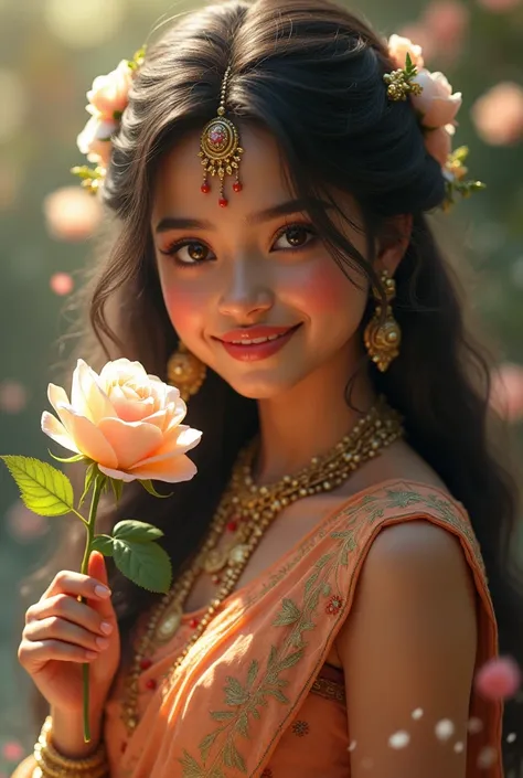 A fairy like enormously beautiful girl with extremely cute smile beautiful hairs having a rose in hand  having indian genes traditional Indian outfit 