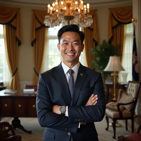 Inside a luxurious spacious general managers Whitehouse office . He very handsome thai man stand in room.Smiling looking at the camera .