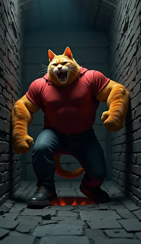 In cinematic 3D style ,HD image, realistic image ,colourful image. 
Character, A muscular Johnny orange big cat wearing red t-shirt and black jeans and black shoes. 
Action,There is a hall made of a black bricks, inside it Johnny Cat has bent one of his le...