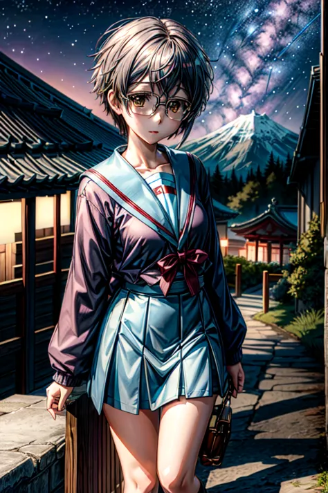 (masterpiece),(best quality),  yuki, blue skirt, glasses, kneehighs, serafuku, summer uniform, stairs, temple, mountain, forest, night, milky way, star, looking at the viewer,