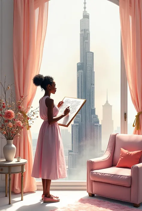 A delicate watercolor of an interior space, filled with soft pastel hues. The scene highlights stereotypes with an array of beautiful furniture and decorative elements. In the background, the Black African female architect is depicted sketching a towering ...