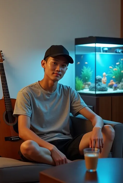 Male from Indonesia, 20 years. Wear a gray t-shirt combined with black. Wear black shorts, slippers Wear a black baseball cap. Sitting relaxed on a sofa while posing facing the camera. Beside him there is a guitar. To his left there is a table to support t...